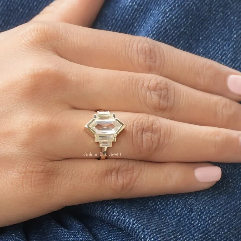 Elongated Hexagon Cut Moissanite Five Stone Ring vy 4
