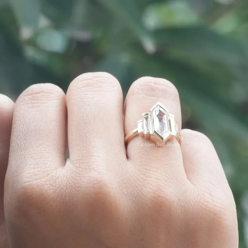 Elongated Hexagon Cut Moissanite Five Stone Ring vy 8