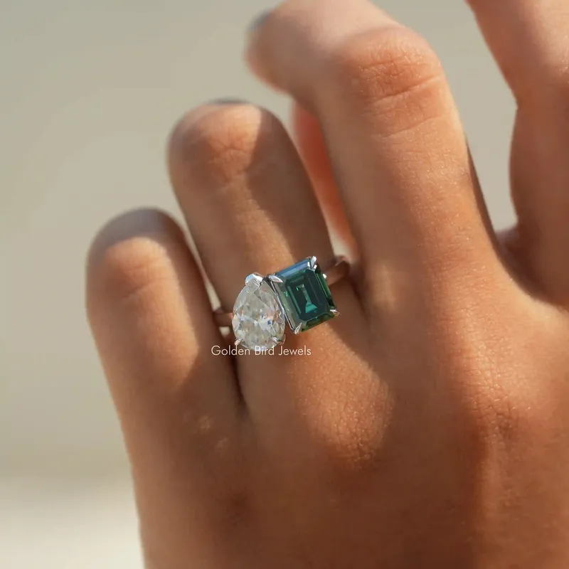 Emerald & Pear Cut Moissanite Toi Moi Ring view 2