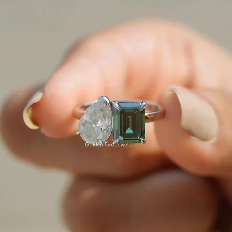 Emerald & Pear Cut Moissanite Toi Moi Ring green emerald emerald cut engagement ring