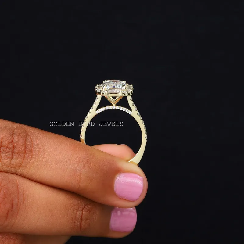 Emerald And Baguette Moissanite Halo Engagement Ring view 4