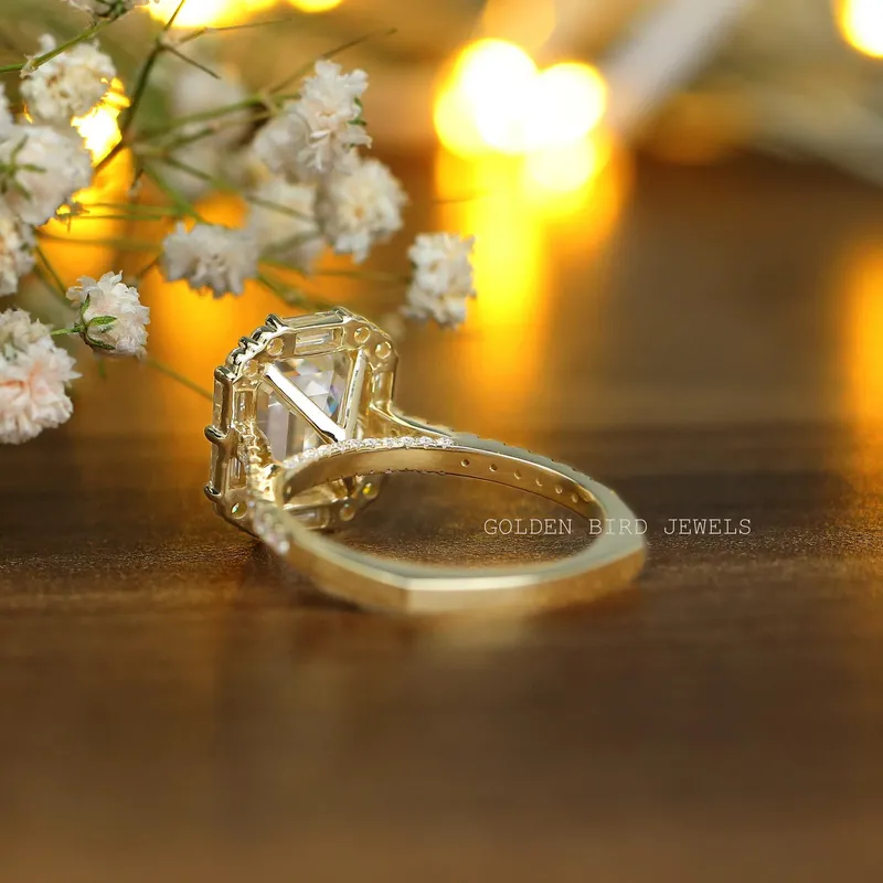 Emerald And Baguette Moissanite Halo Engagement Ring view 9