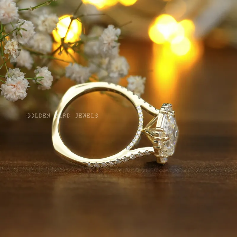Emerald And Baguette Moissanite Halo Engagement Ring view 6