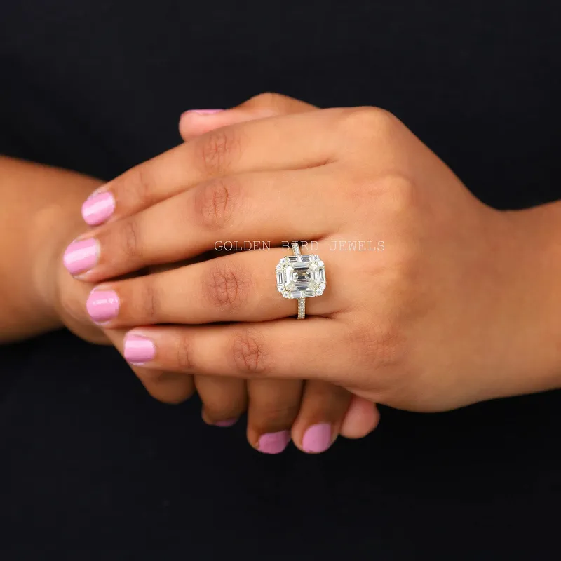 Emerald And Baguette Moissanite Halo Engagement Ring view 2