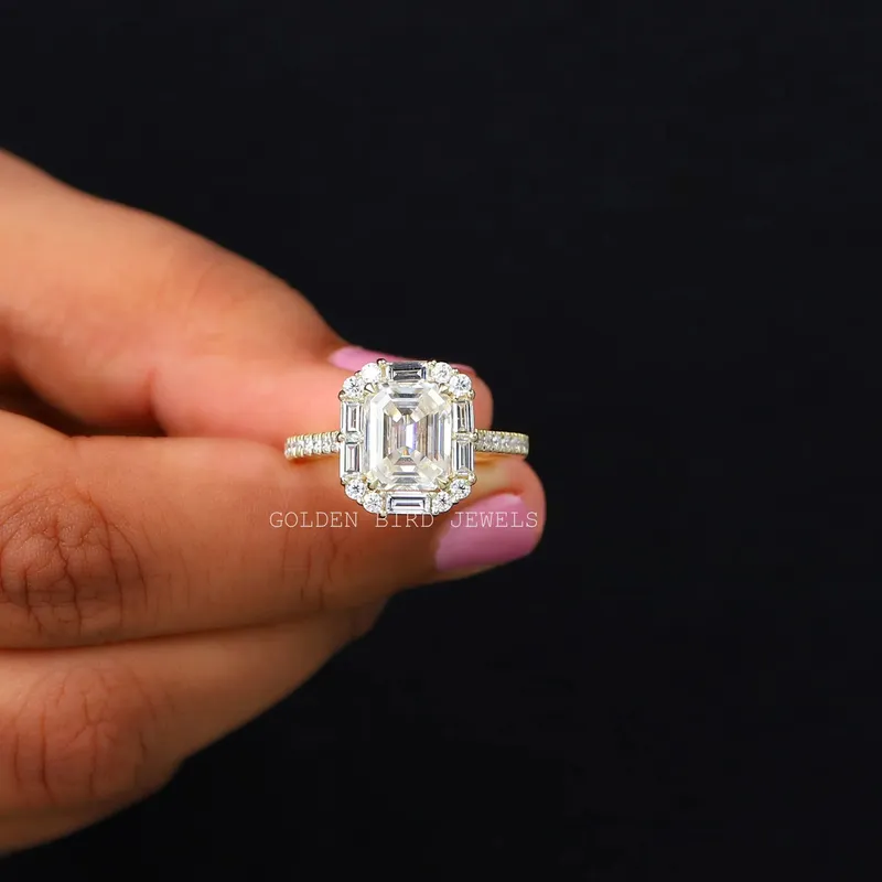 Emerald And Baguette Moissanite Halo Engagement Ring view 3