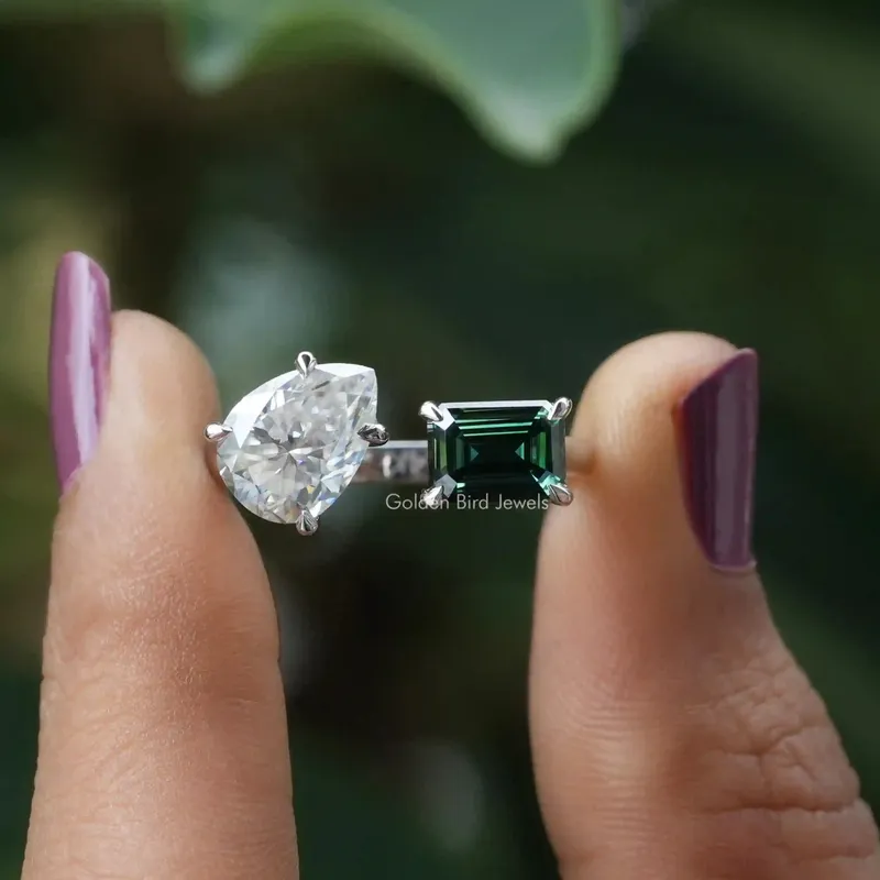 Emerald And Pear Cut Toi Et Moi Moissanite Ring green emerald emerald cut engagement ring