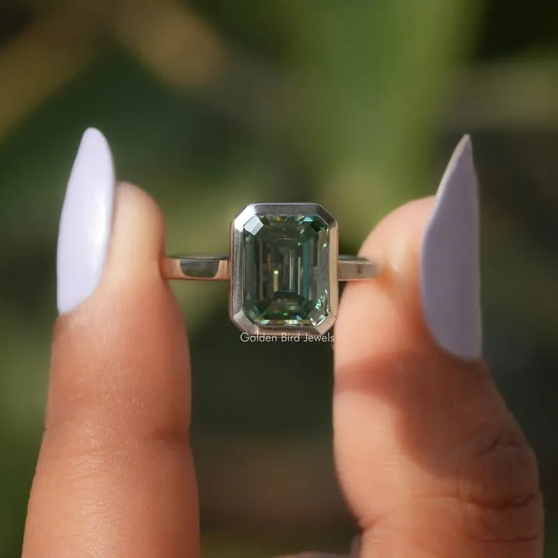Emerald Cut Bezel Set Moissanite Solitaire Ring blue emerald emerald cut engagement ring