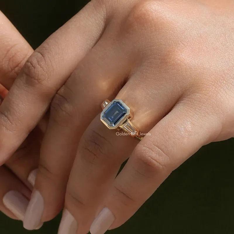Emerald Cut Moissanite Bezel Set Ring vy 2