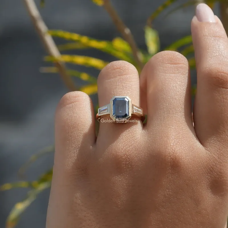 Emerald Cut Moissanite Bezel Set Ring vy 4