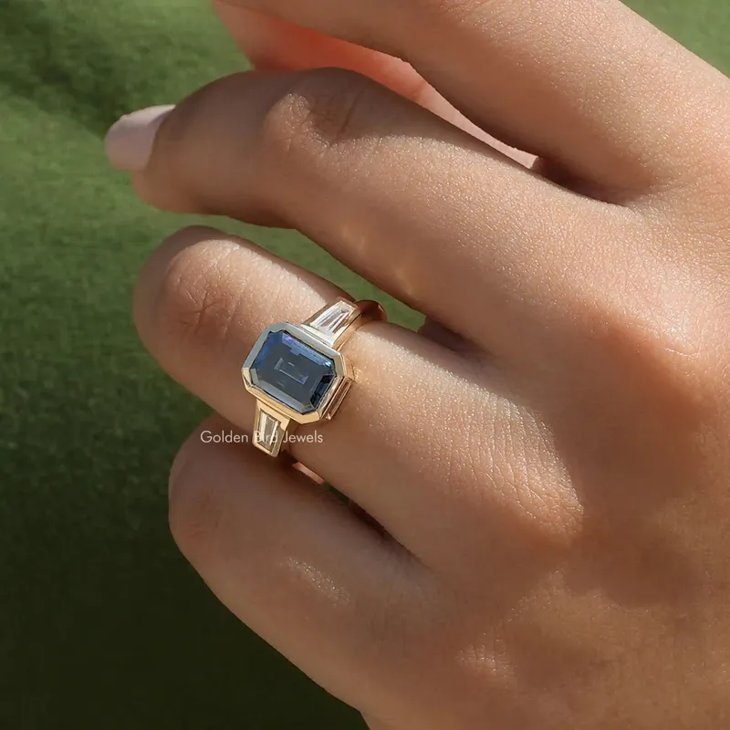 Emerald Cut Moissanite Bezel Set Ring vy 3