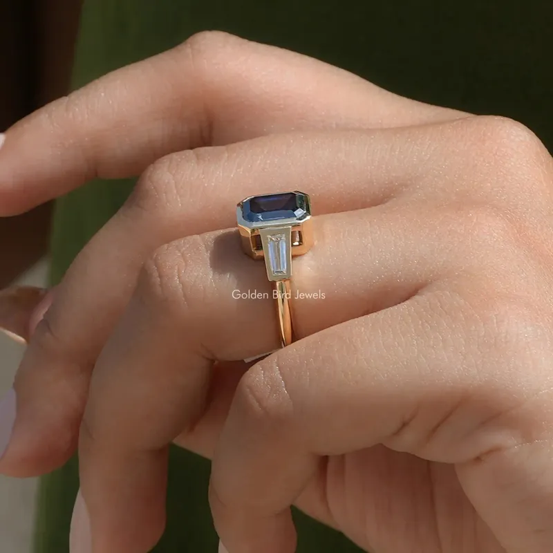 Emerald Cut Moissanite Bezel Set Ring vy 5