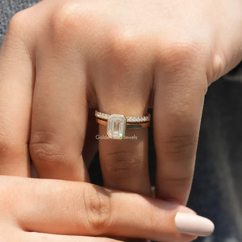 Emerald Cut Moissanite Bezel Set Solitaire Bridal Ring Set view 5