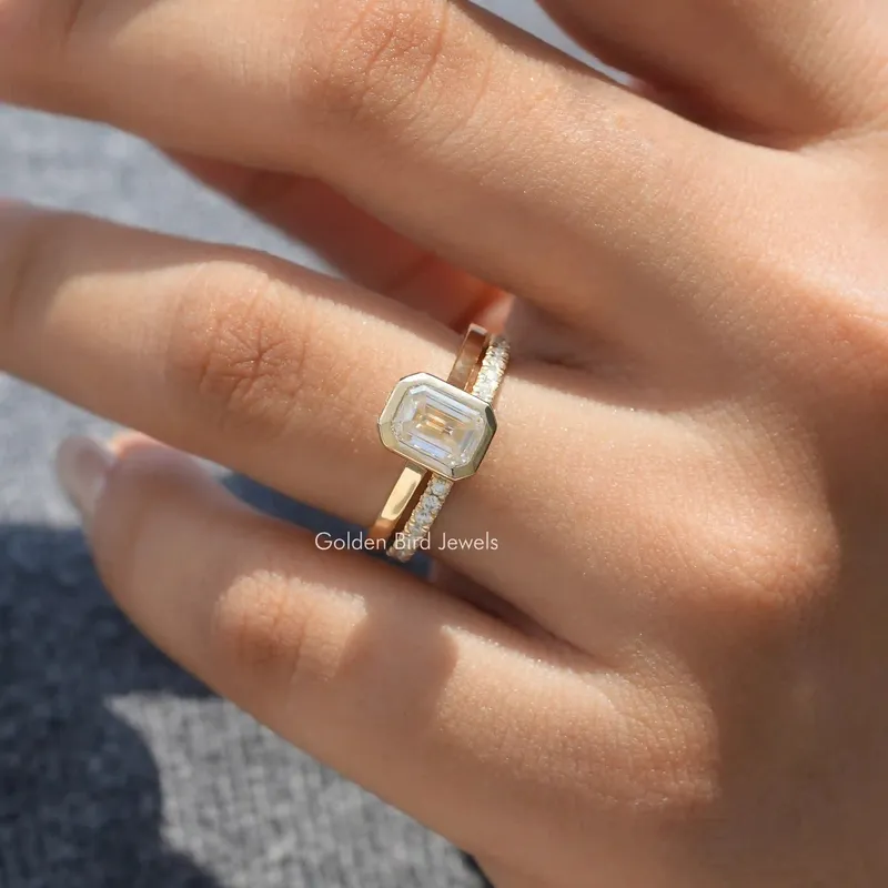 Emerald Cut Moissanite Bezel Set Solitaire Bridal Ring Set view 4