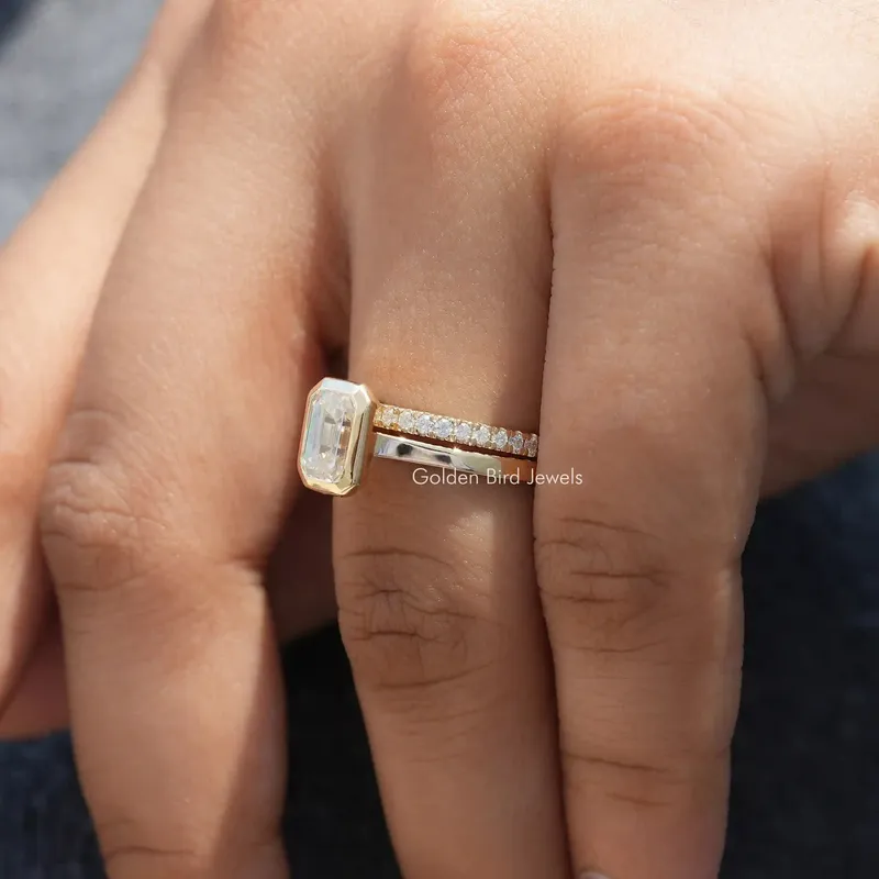 Emerald Cut Moissanite Bezel Set Solitaire Bridal Ring Set view 6