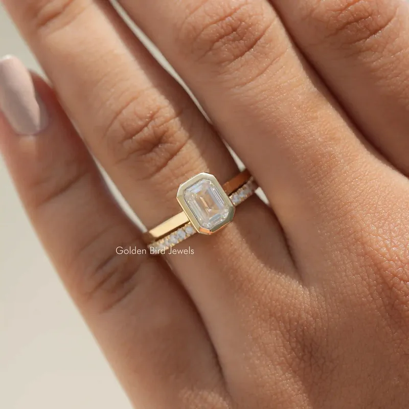 Emerald Cut Moissanite Bezel Set Solitaire Bridal Ring Set emerald emerald cut engagement ring