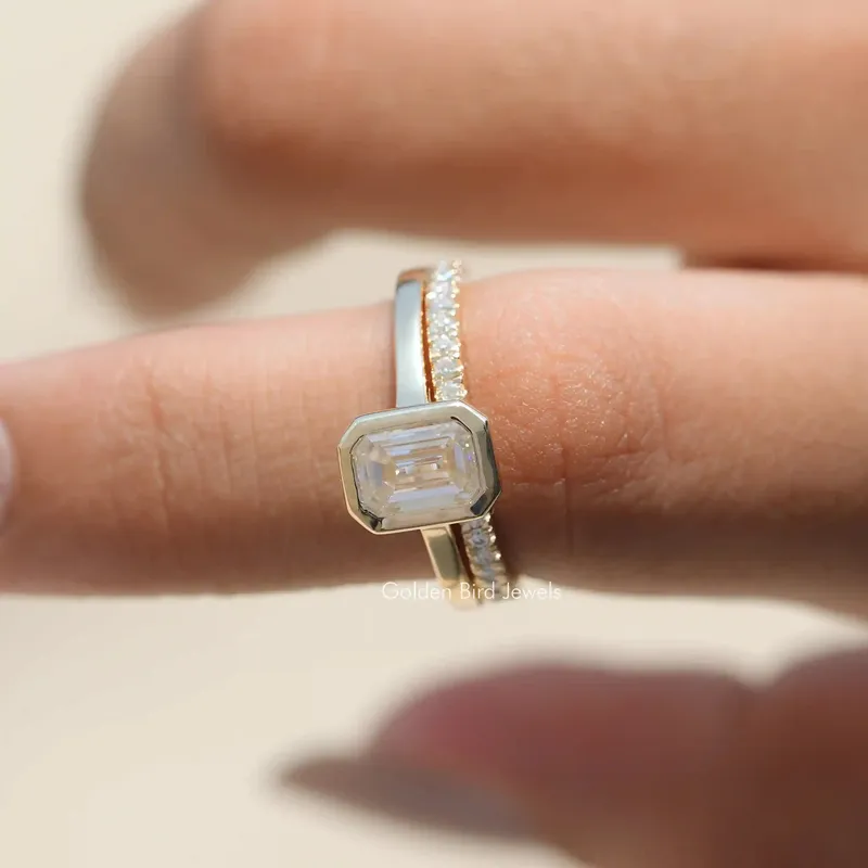 Emerald Cut Moissanite Bezel Set Solitaire Bridal Ring Set view 8