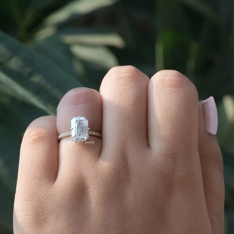 Emerald Cut Moissanite Hidden Halo Engagement Ring vy 4