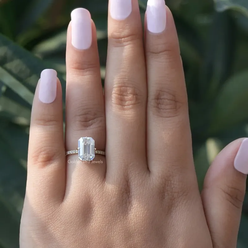 Emerald Cut Moissanite Hidden Halo Engagement Ring vy 3