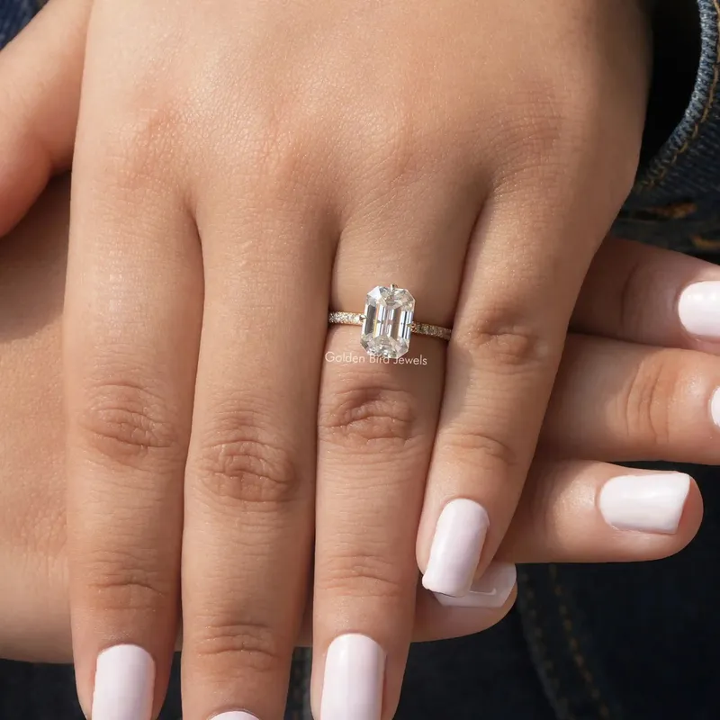 Emerald Cut Moissanite Hidden Halo Engagement Ring vy 7