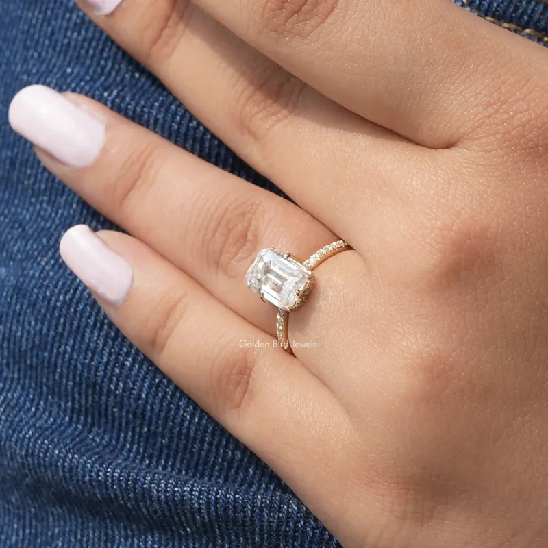 Emerald Cut Moissanite Hidden Halo Engagement Ring vy 8