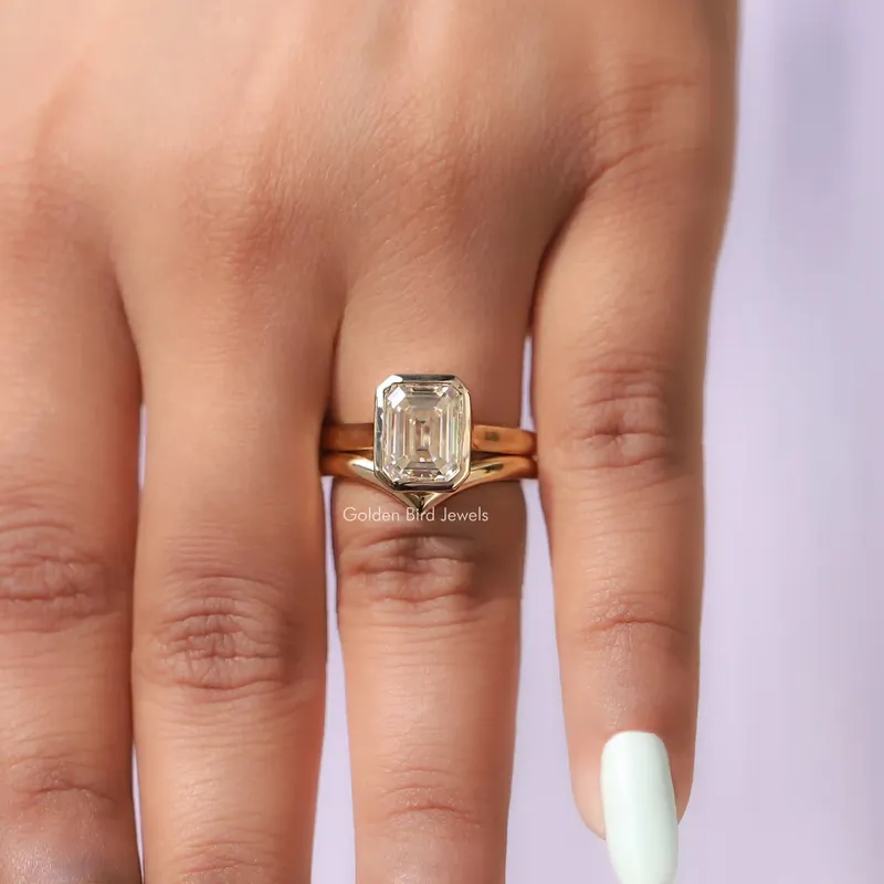 Emerald Cut Moissanite Solitaire Bezel Set Ring With Curved Band view 6