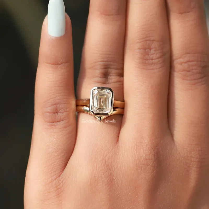 Emerald Cut Moissanite Solitaire Bezel Set Ring With Curved Band view 8