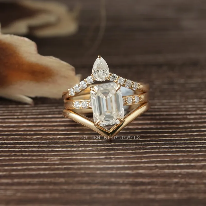 Emerald Moissanite Bridal Trio Ring Curved Band Set emerald emerald cut engagement ring