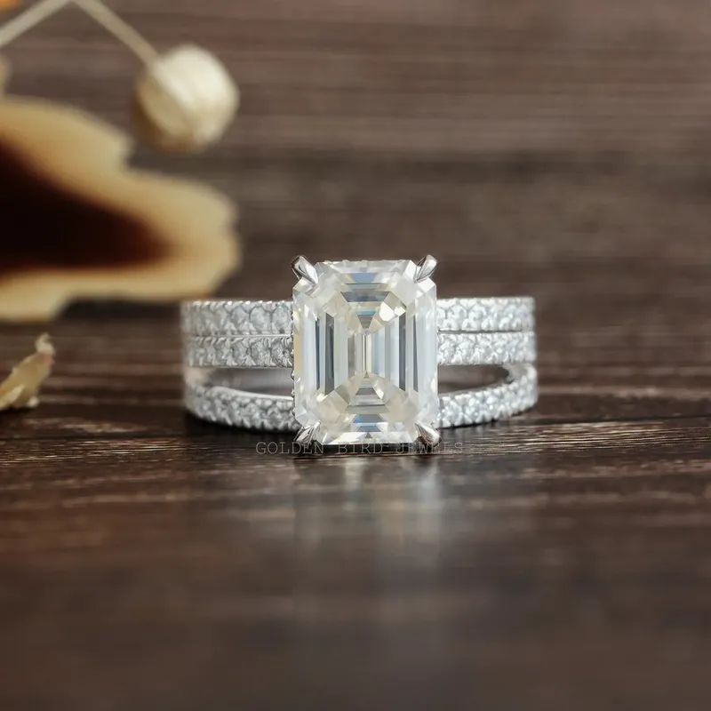Emerald Moissanite Ring With Two Eternity Matching Bands emerald emerald cut engagement ring