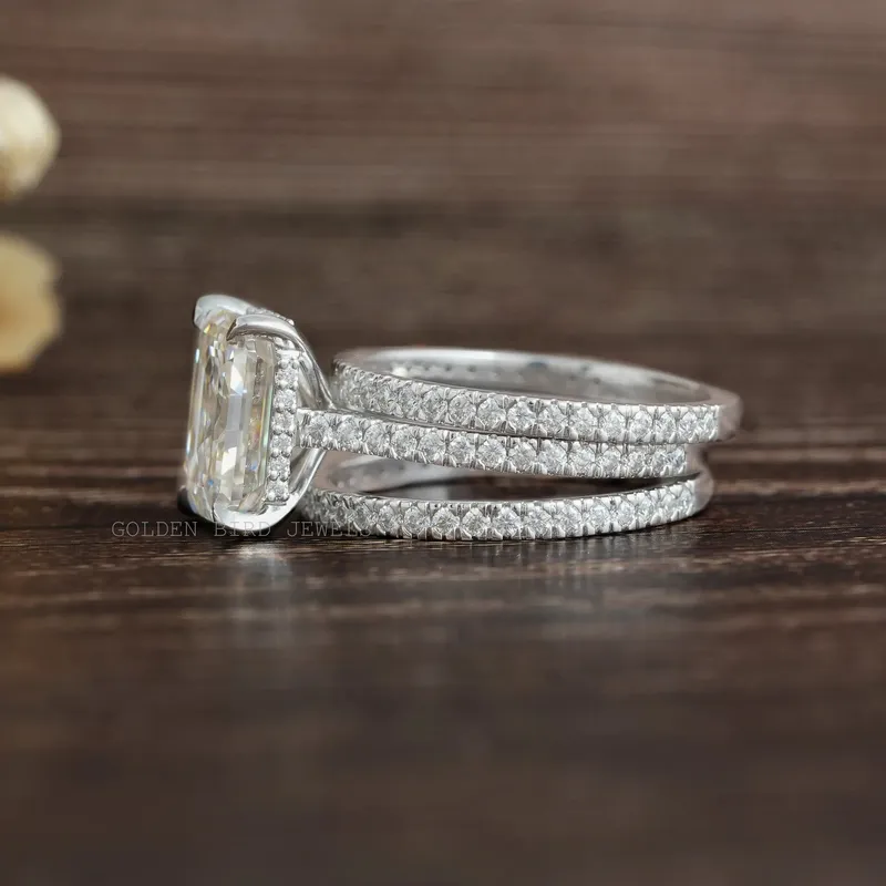 Emerald Moissanite Ring With Two Eternity Matching Bands view 8