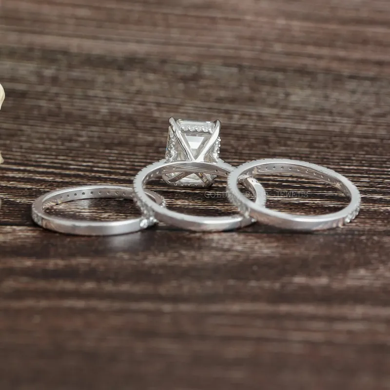Emerald Moissanite Ring With Two Eternity Matching Bands view 10