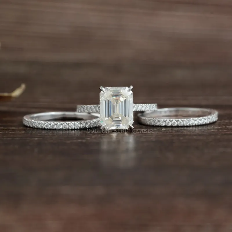 Emerald Moissanite Ring With Two Eternity Matching Bands view 6