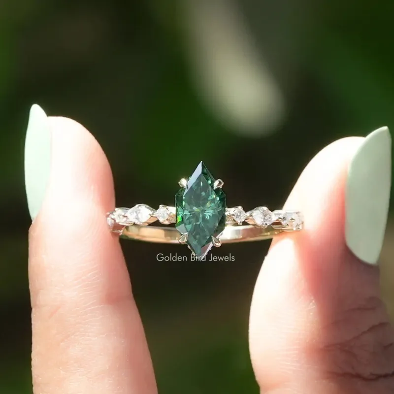 Green Dutch Marquise Moissanite Hidden Halo Ring green engagement ring