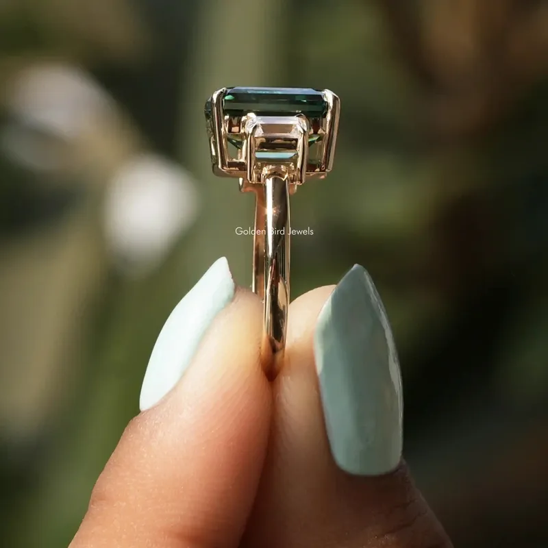 Green Emerald Moissanite Three Stone Engagement Ring view 2