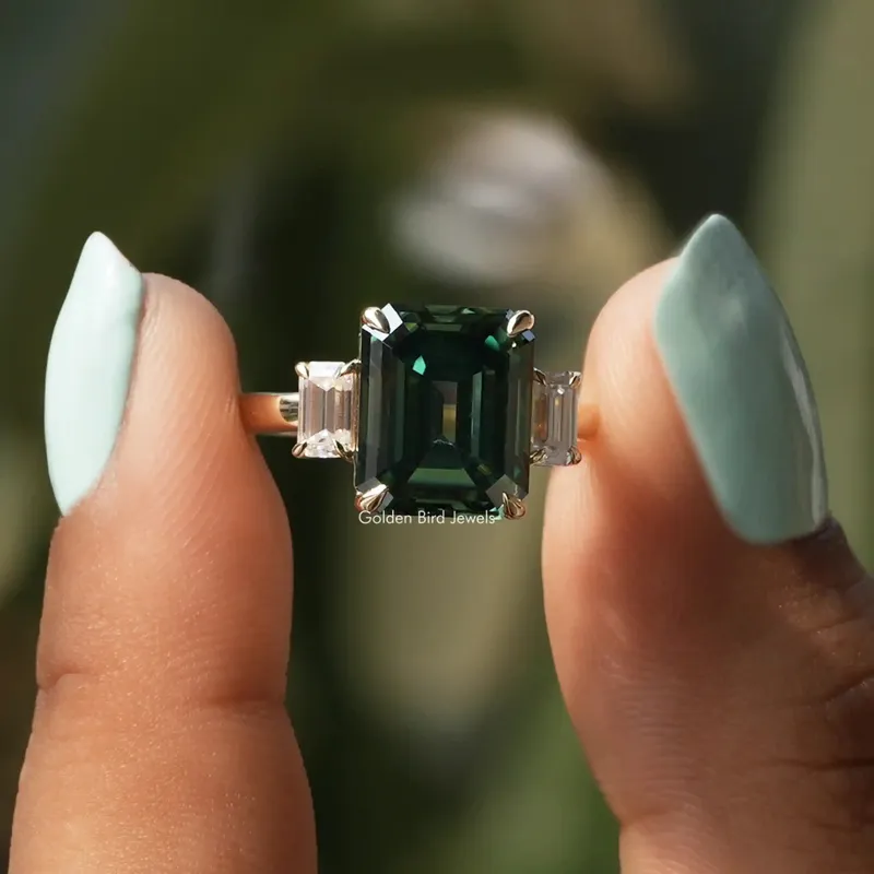 Green Emerald Moissanite Three Stone Engagement Ring green emerald emerald cut engagement ring