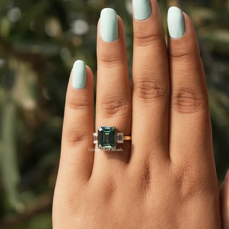 Green Emerald Moissanite Three Stone Engagement Ring view 4