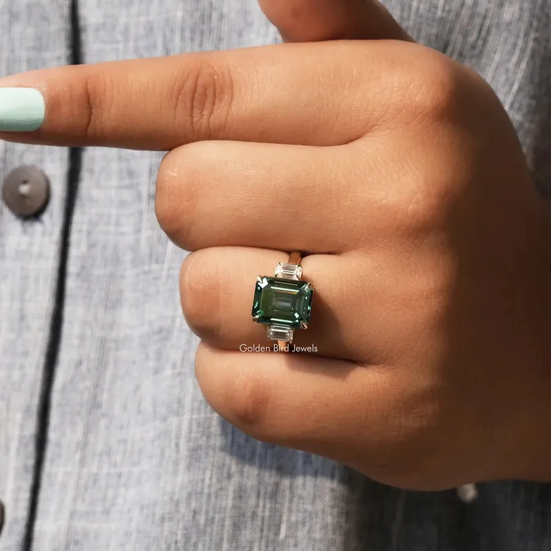 Green Emerald Moissanite Three Stone Engagement Ring view 8