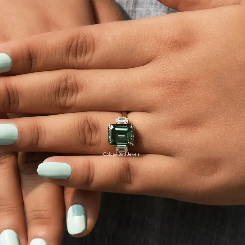 Green Emerald Moissanite Three Stone Engagement Ring view 5