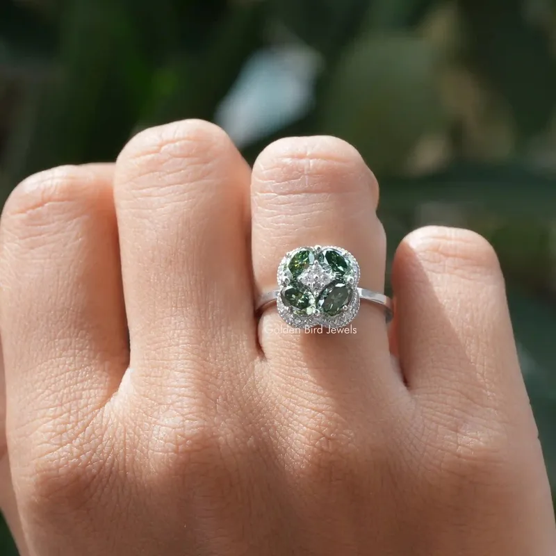 Green Oval Cut Halo Moissanite Engagement Ring view 3
