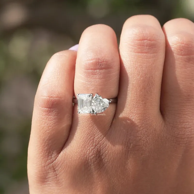 Heart & Emerald Cut Moissanite Toi Et Moi Ring For Her view 4