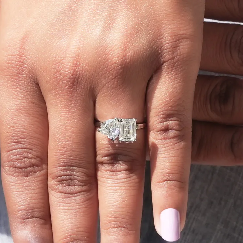 Heart & Emerald Cut Moissanite Toi Et Moi Ring For Her view 8