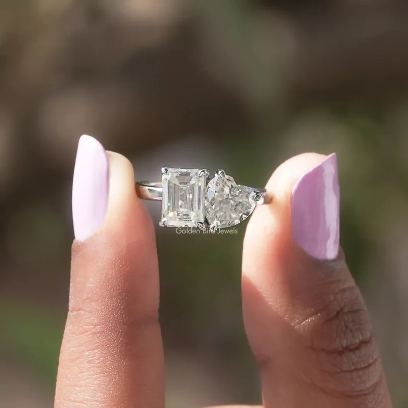 Heart & Emerald Cut Moissanite Toi Et Moi Ring For Her emerald emerald cut engagement ring