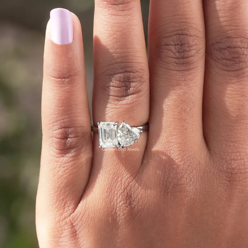 Heart & Emerald Cut Moissanite Toi Et Moi Ring For Her view 5