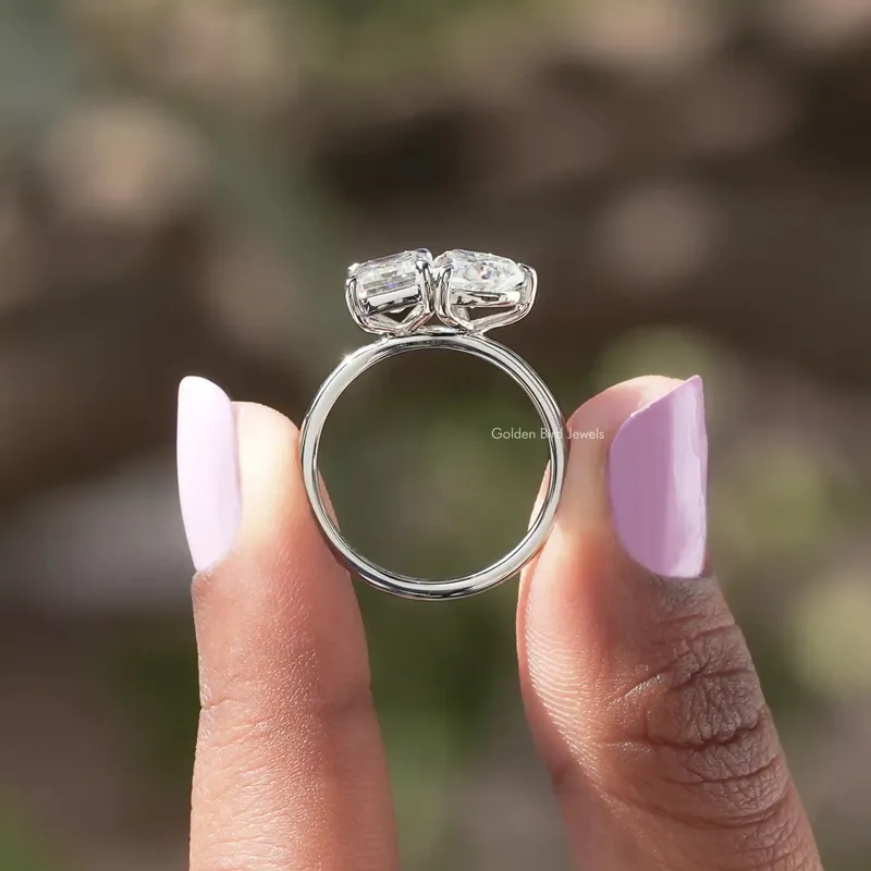 Heart & Emerald Cut Moissanite Toi Et Moi Ring For Her view 3