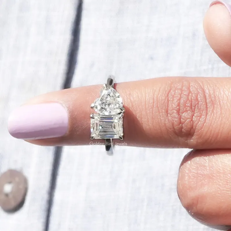 Heart & Emerald Cut Moissanite Toi Et Moi Ring For Her view 6