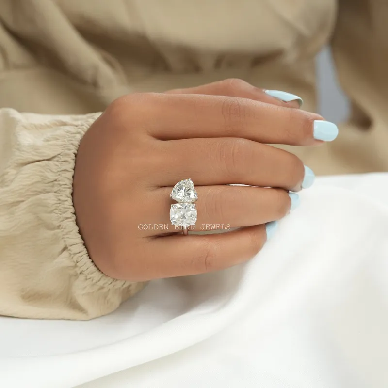 Heart & Old Mine Cut Cushion Moissanite Toi Et Moi Ring view 3