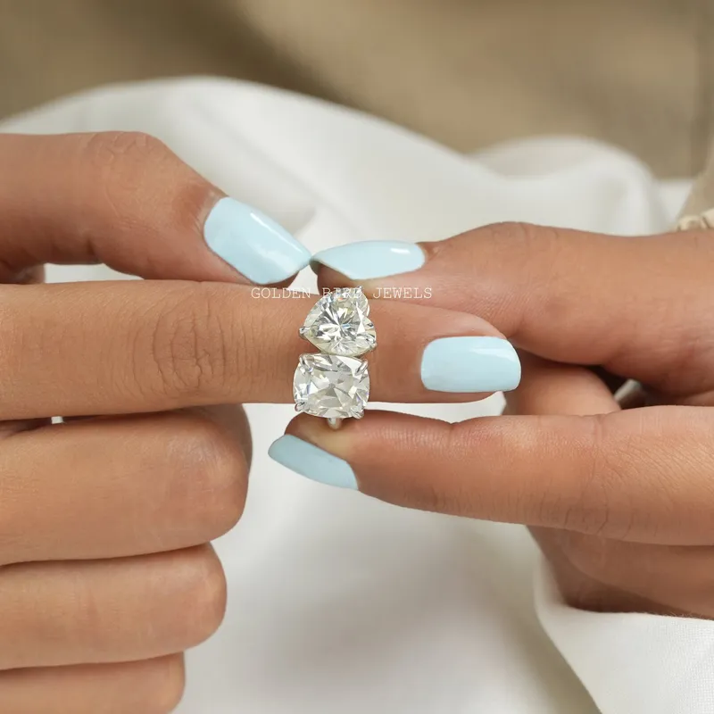 Heart & Old Mine Cut Cushion Moissanite Toi Et Moi Ring view 4
