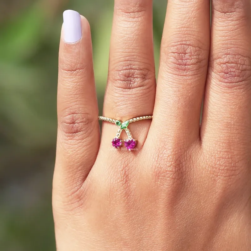 Heart And Round Cut Red Ruby Gemstone Cherry Ring view 5