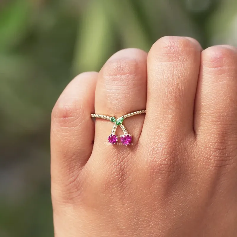 Heart And Round Cut Red Ruby Gemstone Cherry Ring view 4