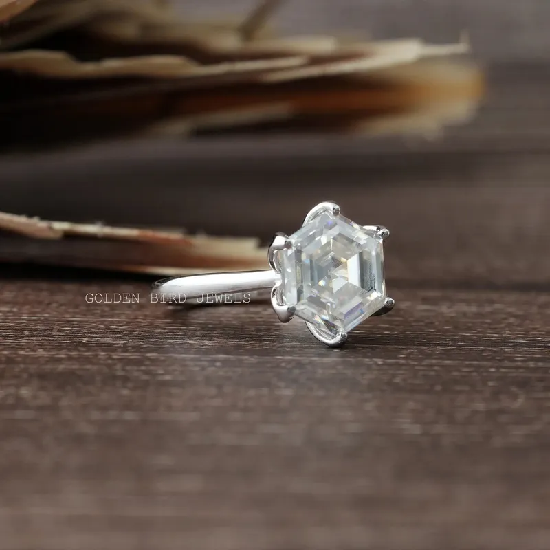 Hexagon Cut Solitaire Moissanite Ring vy 5