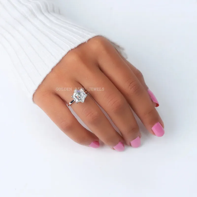 Hexagon Cut Solitaire Moissanite Ring vy 2